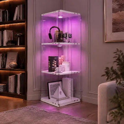 Zdjęcie produktu dla INONEFT Szklane witryny z oświetleniem LED – witryna szklano-drewniana, 3-poziomowa, przeznaczona do eksponowania kolekcji i wina, wymiary: 38 x 38 x 121 cm, kolor biały