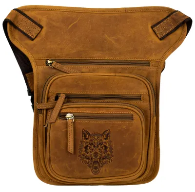 Produktbild von Motorrad Beintasche Echtes Leder Tasche Beinbeutel Biker Gürteltasche Wolf Motiv(Cognac)