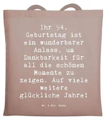 Produktbild von Mr. & Mrs. Panda canvas tasche Spruch 94. Geburtstag - Braun Pastell - Geschenk, Dankbarkeit, besonderes Jubiläum, Laptoptasche, Tote Bag, 94 Jahre, Schultasche, Alter