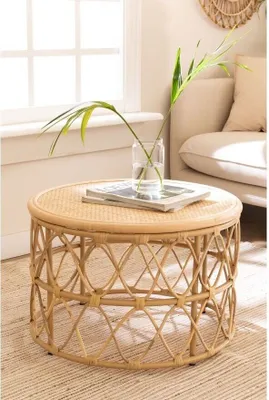 Produktbild von Rattan Tisch Runder Rattantisch Naturprodukt Beistelltisch Holz Deko Tisch Korb