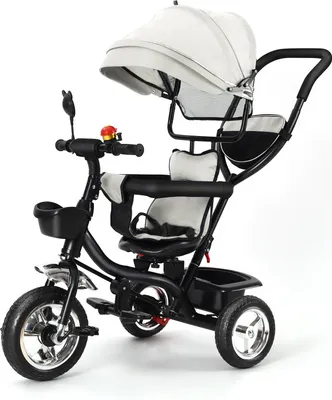 Produktbild von Dreirad 4in1 Kinderdreirad mit Sonnendach Kinderwagen Fahrrad Baby Kleinkinder Hellgrau