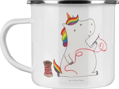 Produktbild von Mr. & Mrs. Panda Motivtasse Einhorn Näherin - Weiß - Geschenk, Emaille Becher, Teetasse, Freundin, Stricken, Tasse, Unicorn, Nähen, Einhörner, Pott, Basteln