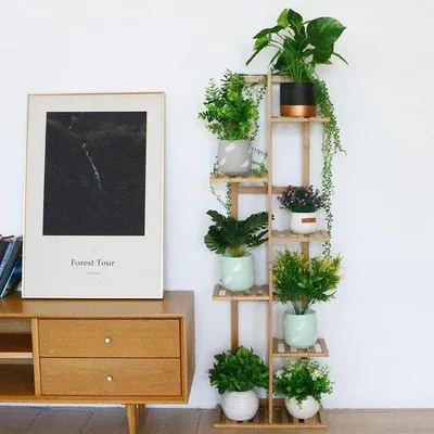 Image de Support pour plantes Bamboo, étagère haute pour plantes, étagère pour pots d'intérieur et d'extérieur, étagère haute pour plantes, étagère de rangement, étagère d'angle, étagère de balcon