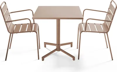 Produktbild von Set aus 70 cm Tisch und 2 taupe Gartensesseln aus Metall - Oviala Palavas