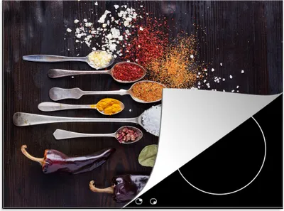 Produktbild von KitchenYeah© Herdabdeckplatte Kräuter - Löffel - Gewürze - Industrie , 77x59cm, Küche Deko, Glaskeramikkochfeld Herdabdeckung, Abdeckplatte fùr Kochfeld
