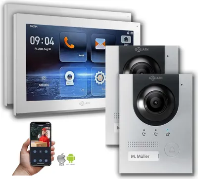 Produktbild von Goliath IP Hybrid Video Gegensprechanlage 2x Außenstation mit Kamera 10 Zoll Silber : Unterputzdose : 10 Zoll in Weiß : 2 Monitore Monitor Anzahl: 2 Monitore Monitor Auswahl: 10 Zoll in Weiß Türklingel Montagedose: Unterputzdose
