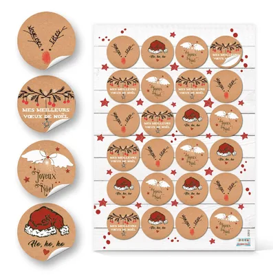 Produktbild von 96 WeihnachtsaufkleberJoyeux Noël/Joyeuses Fêtes - Weihnachtsgrüße französisch Ø 4 cm Kraftpapier-Optik