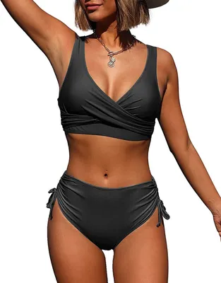 Produktbild von ASKSA Damen Bikini Set Crossover Back Badeanzüge Bademode Kordelzug Side Strandmode Badeanzug, Schwarz , XL