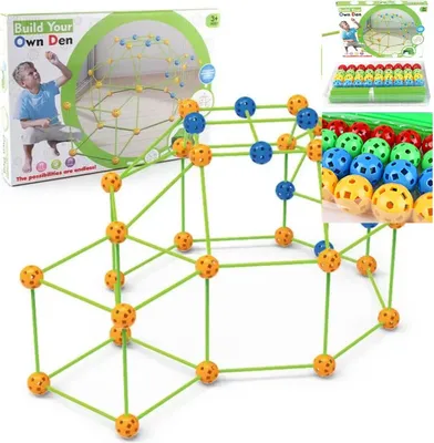 A collage of images showing a child's building toy kit for creating dens, with close-ups of the components and a box illustration.