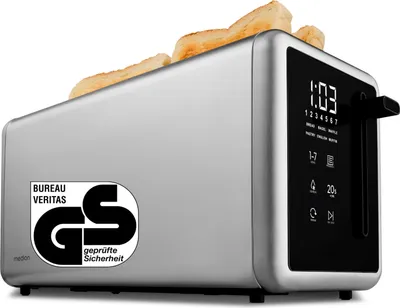 Produktbild von MEDION Toaster 4 Scheiben mit Brötchenaufsatz (7 Bräunungsstufen, 5 Automatikprogramme, 1.450 Watt, 2 lange Toastschlitze, Auftauen, Aufwärmen, Krümelschublade, Edelstahl Matt, MD 12103) silber