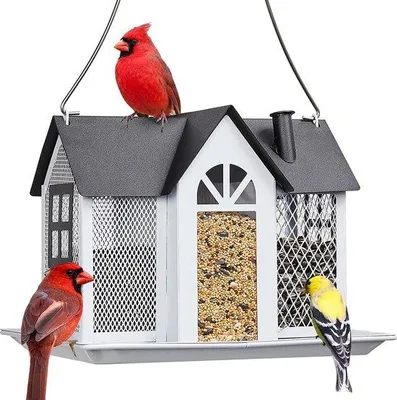 Imagen del producto de Comedero para pájaros Unyqoos® de malla metálica, resistente a la intemperie, con 3 compartimentos, color blanco, dimensiones de 10,2 x 7,87 x 7,48 pulgadas, capacidad de 1,2 libras, ideal para pinzones y jilgueros