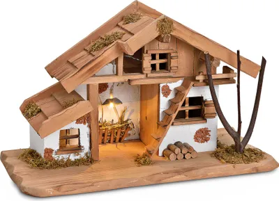 Produktbild von Große Holz Weihnachtskrippe 39 cm braun mit LED Beleuchtung