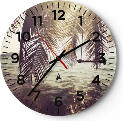 Produktbild von Wanduhr - Rund - Glasuhr - Meer Palme Wasser - 40x40cm - Schleichendes Uhrwerk - Lautlos - zum Aufhängen bereit - Dekoration Modern - Wanddekoration aus Glas - C4AR40x40-3634