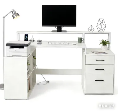 Obrázek produktu pro KOMFOTTEU Rohový psací stůl ve tvaru L s nabíjecí stanicí, 166 x 90 cm, herní psací stůl se zásuvkami, počítačový stůl s prostorem pro tiskárnu, do pracovny, kanceláře a ložnice, bílý