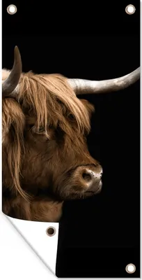 Produktbild von MuchoWow® 30x60 cm Outdoor-Poster Gartendeko Sichtschutz Garten Poster für den Garten  Schottischer Highlander - Kuh - Schwarz