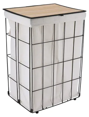 Produktbild von Waschekorb mit Deckel aus Bambus - schwarz/natur - faltbar - 60 Liter - 40 x 30 x 60 cm