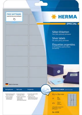 Image de HERMA Étiquettes A4 argentées 63,5 x 29,6 mm, film brillant, 675 pièces