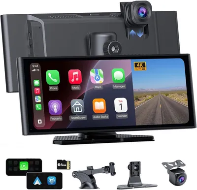 Obrázek produktu pro 10,26palcový displej CarPlay s vestavěnou 4K palubní kamerou, podpora Android Auto, 1080p couvací kamera, 64 GB paměti, Bluetooth