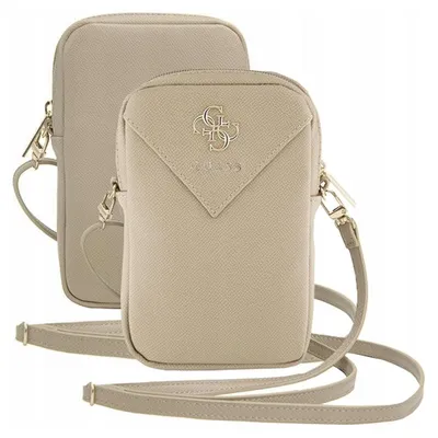 Two beige phone bags are shown, one in front of the other, against a white background.
