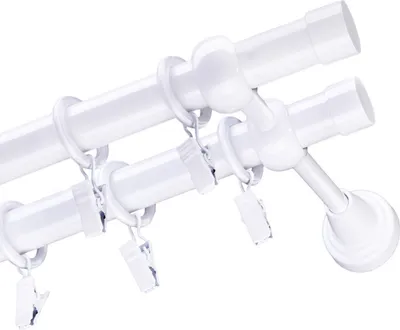 A close-up view of a white double curtain rod with rings and clips.