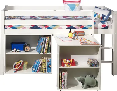 Produktbild von Kinderzimmer Set mit Hochbett in Kiefer massiv weiß lackiert PINOO-12 incl. Schreibtisch und Regal, B/H/T: ca. 210/114/106 cm