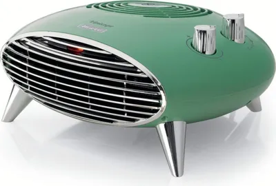 A green and silver retro-style electric heater is shown on a white background.