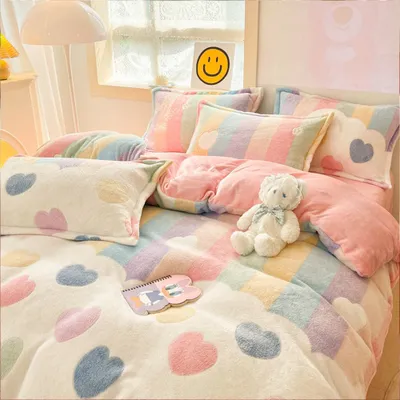Produktbild von 360Home Cartoon Plüsch-Bettbezug mit doppelseitiger Verdickung 4er Set Liebesherz  Rosa