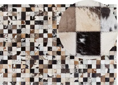 Produktbild von BELIANI Teppich Weiß Beige Braun Schwarz Grau Echtleder 160 x 230 cm Kurzflor Patchwork Handgefertigt Rechteckig