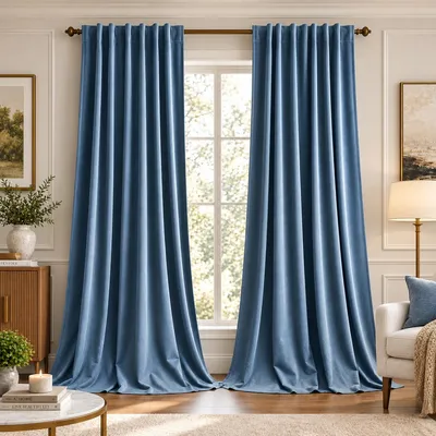 Productafbeelding van 2 fluwelen gordijnen, lichtdicht, thermisch isolerend, met plooiband, geschikt voor woonkamer en slaapkamer, blauw, afmetingen 132 cm breed x 274 cm hoog