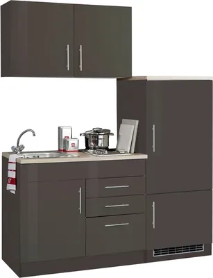 Produktbild von Held Möbel Singleküche Toronto 160 cm, Graphit Hochglanz, Sonoma Eiche Nachbildung, mit Kühlschrank, Kochmulde, Edelstahl-Spüle, modern, 7-teilig, Türanschlag wechselbar, EEK F
