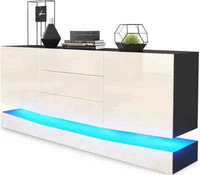 Produktbild von Vladon Sideboard City,  Germany, Schwarz matt/Creme Hochglanz inkl. LED - Moderne Kommode für Ihr Wohnbereich (178 x 72 x 38 cm)