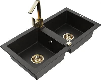 Produktbild von Mexen Mario 2-Becken-Granitspüle mit Mischbatterie Rita, Schwarz/Gold metallisch - 6504-75-670300-50