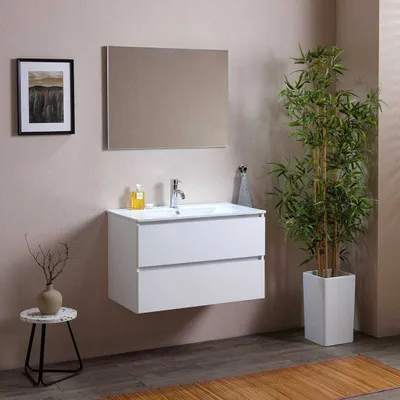 Immagine prodotto di Mobile bagno 80 cm con due cassetti bianco legno, lavabo in Vetroceramica | Berlin