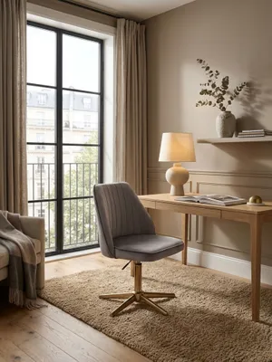 Eleganter Home-Office-Arbeitsplatz mit grauem Samt-Schreibtischstuhl und goldenem Fußkreuz vor einem minimalistischen Holzschreibtisch am Fenster._#sku_SAFWL6.302#