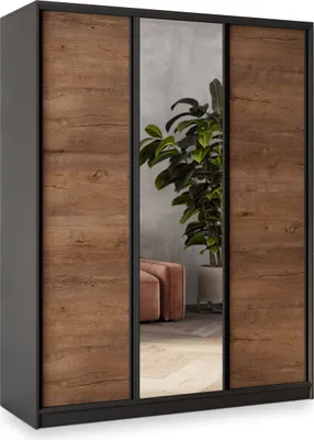 Produktbild von Masseno Schiebetürenschrank SORE 160/205/58 cm Kleiderschrank mit 4 Schubladen Schlafzimmer Schrank 3-türig mit Spiegel Schwarz / Eiche Lefkas
