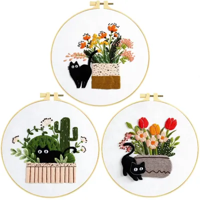 Katzen-Stickerei-Set für Anfänger, 3-teilig, mit Stickrahmen