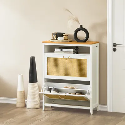 Productafbeelding van SoBuy FSR127-W schoenenrek, schoenenkast met 2 deuren, 1 open vak, schoenenplank met 4 opbergplanken, schoenenkast met rasterdesign, afmetingen (b x h x d): ongeveer 75x98x30 cm