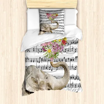 Immagine prodotto di Set copripiumino ABAKUHAUS Elefante, grande animale con cuore fiorito su sfondo musicale, 135 x 200 cm + 80 x 80 cm, multicolore