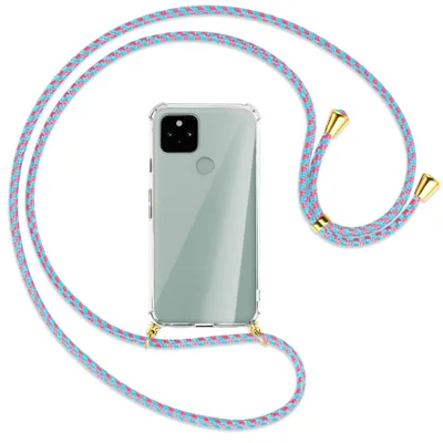 Produktbild von Handykette Backcover-Schutzhülle mit Band (Metall goldfarben) für Google Pixel 5 - pink/mint