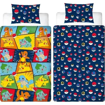 Image de Parure de lit réversible – POKÉMON – Starter & Pokéball – Microfibre – 1 housse de couette 140 x 200 cm + 1 taie d'oreiller 63 x 63 cm