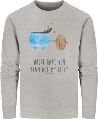 Produktbild von Mr. & Mrs. Panda Baumwoll Pullover Kaffee Bohne Größe L - Heather Grey - Geschenk, Zufriedenheit, Kaffeebohne, Genuss, Lustige Sprüche, Sweater, Rundhals, Sweatshirt