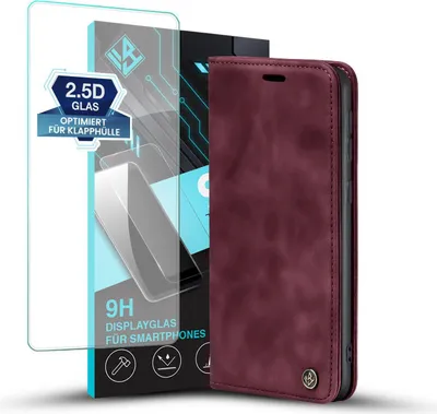 Produktbild von Handy Hülle für Samsung Galaxy A40 mit 9H Displayglas Klapphülle Bookcase Flip Cover Handy Tasche Etui Farbe: Weinrot