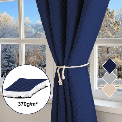 A blue quilted curtain is tied with a rope, in front of a window showing a snowy landscape. A circular inset shows a cross-section of the curtain material with a label indicating '370g/m²'. Color swatches are shown on the right.
