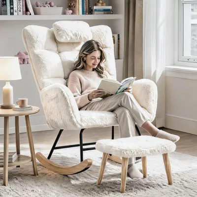 Produktbild von Schaukelstuhl mit Fußstützen, Kopfstütze, Hohe Rückenlehne, Beige