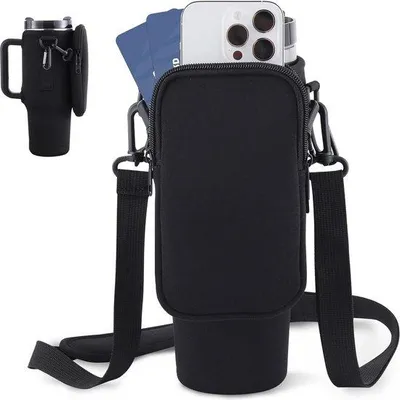 Produktbild von Tragetasche für 100 ml Thermosflaschen - Wasserflaschenhalter mit verstellbarer Riemen für Wandern, Laufen, Radfahren - schwarzer Becherhalter