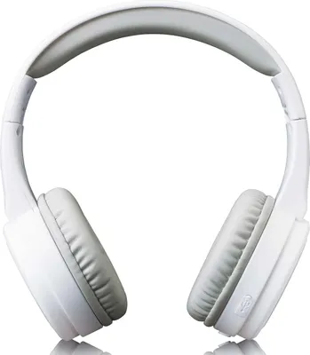 A pair of white Bluetooth headphones on a white background.