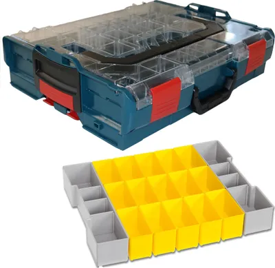 A top-down view of a blue and transparent storage case with red latches, and a separate tray of yellow and gray compartments.