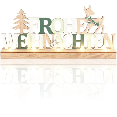 Produktbild von com-four® LED Deko Aufsteller aus Holz - beleuchteter Schriftzug auf Holzsockel - Deko-Schriftzug zum Hinstellen für Weihnachten - Stimmungslicht mit Timer