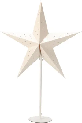 A white star-shaped lamp on a white stand against a white background.