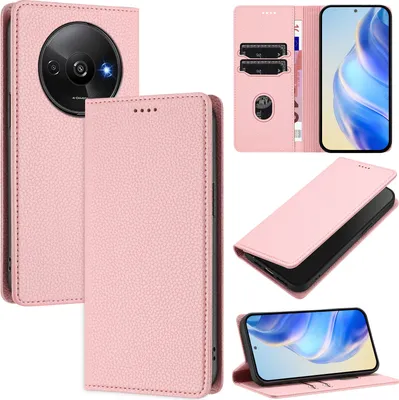 Produktbild von Litchi Leder Handyhülle für Xiaomi Redmi A3/A3X/Poco C61 Wallet Kartenfächer Standfunktion Hülle Pink